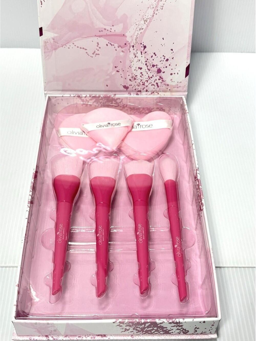 Olivia Rose 7 Piece Makeup Brush & Powder Puff Set Pink Brushes New